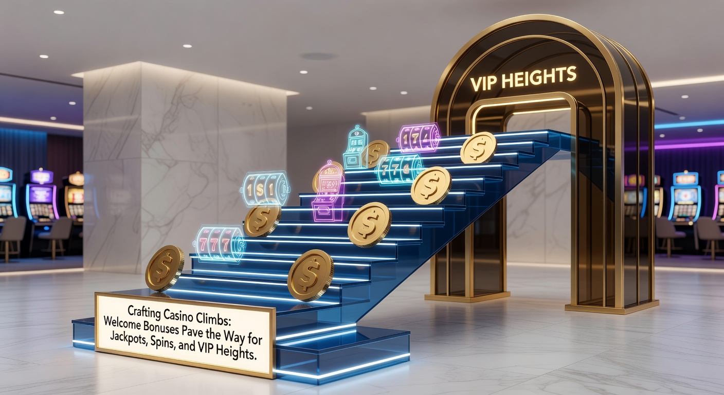 Vibrant casino interface showing welcome bonus offers transitioning to jackpot slots and VIP tiers