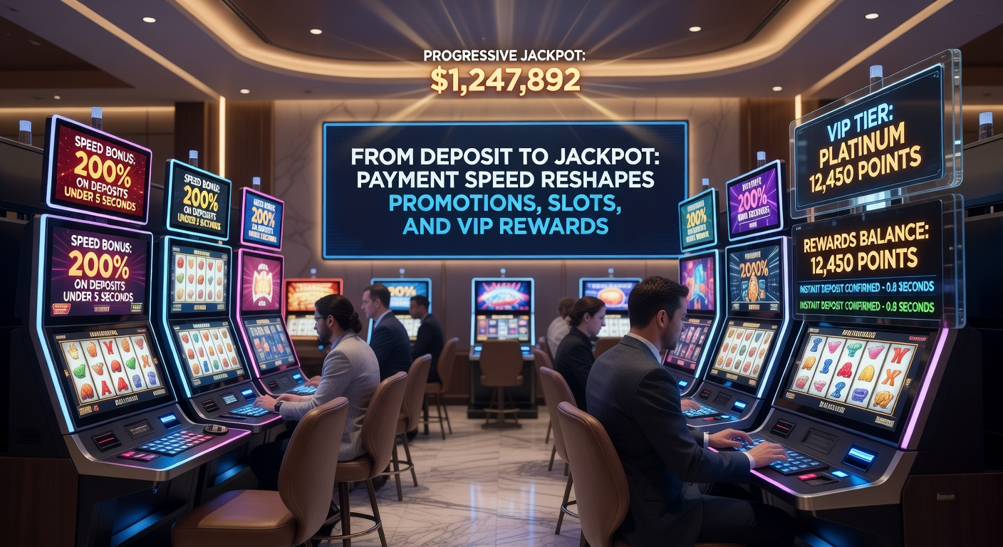 Vibrant illustration of slot machines erupting with coins, VIP lounges glowing, and speed lines from deposit icons to jackpot explosions, capturing the rush of quick payments in casinos