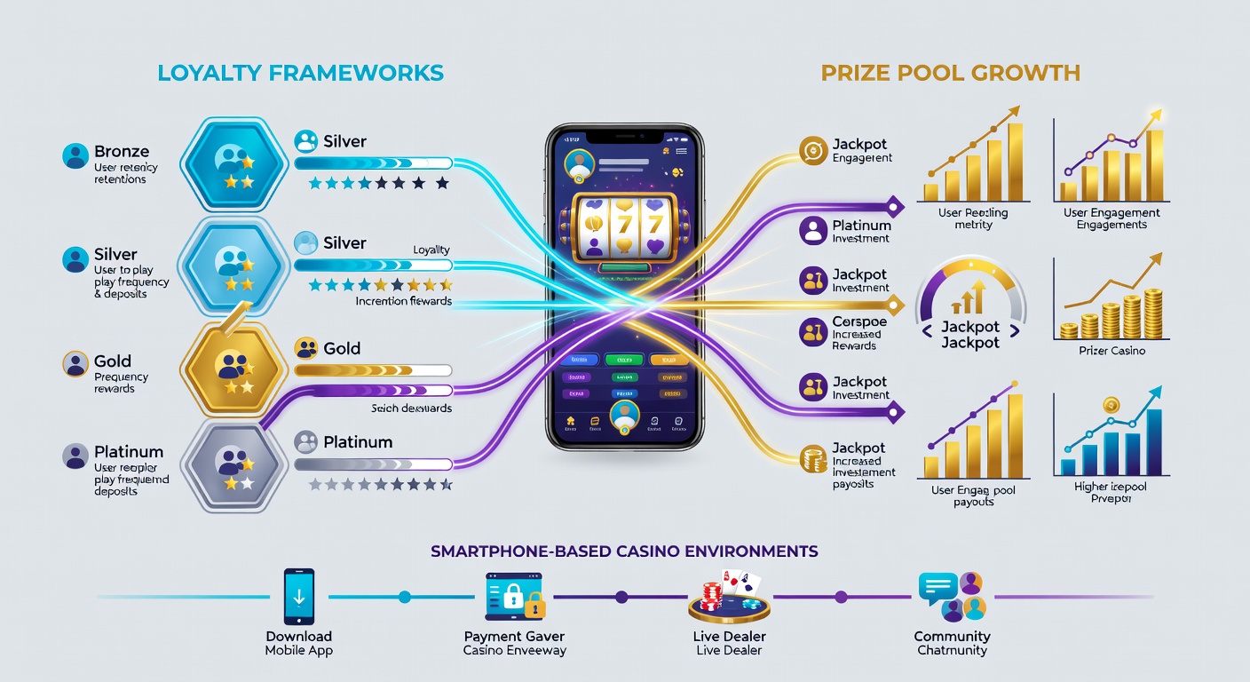 Smartphone displaying a live progressive jackpot counter integrated with a casino loyalty dashboard showing tier progress and accumulated rewards