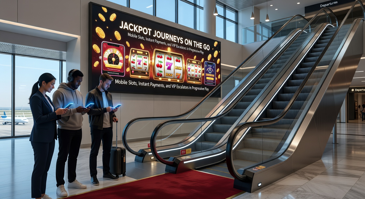 Dynamic graphic of a VIP ladder climbing toward a glowing progressive jackpot, with instant payment icons and mobile devices integrated into the escalator steps
