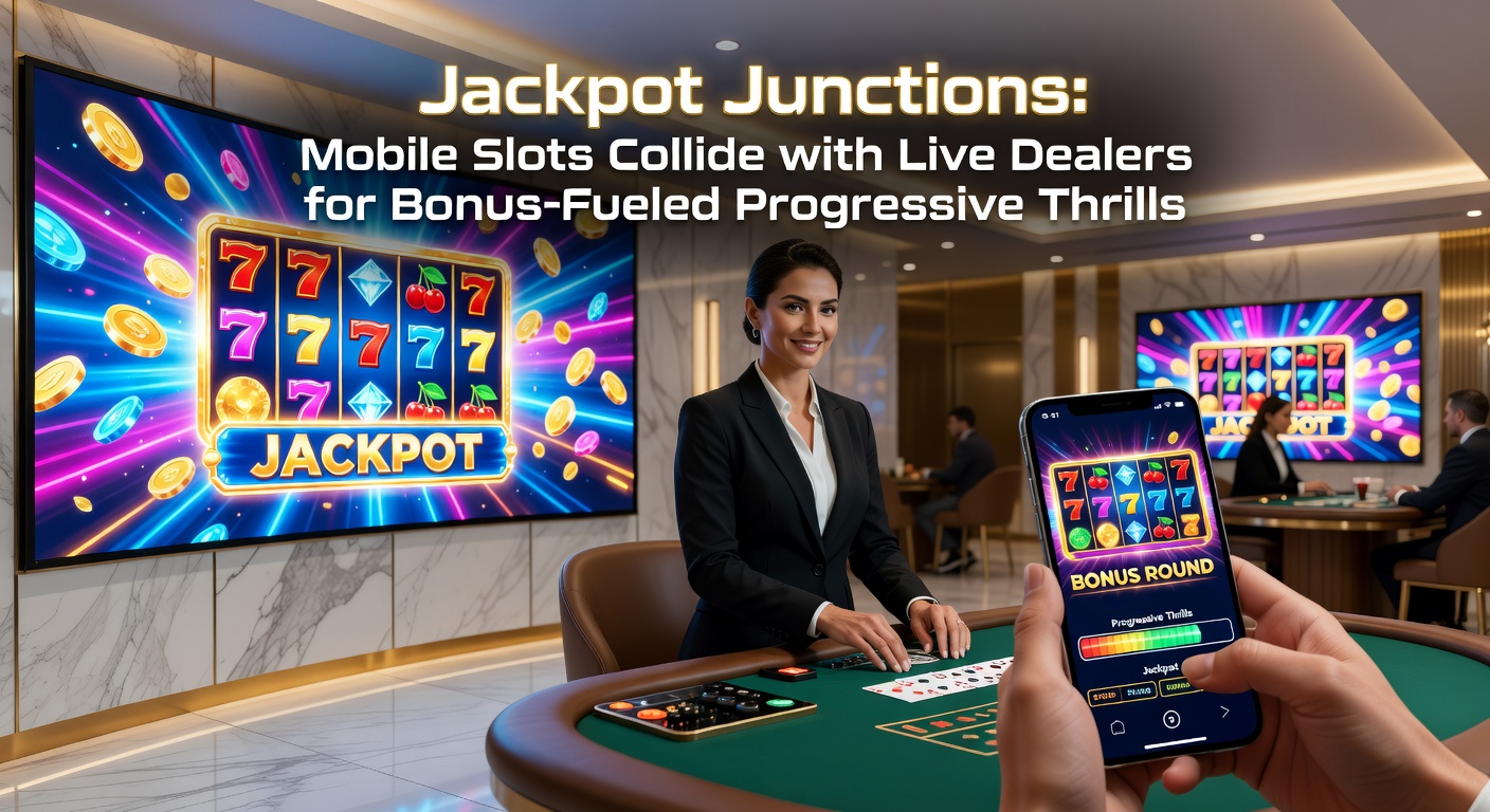 Live dealer at a high-tech table interacting with mobile slot interfaces, jackpot counters ticking upward amid bonus explosions and player chats