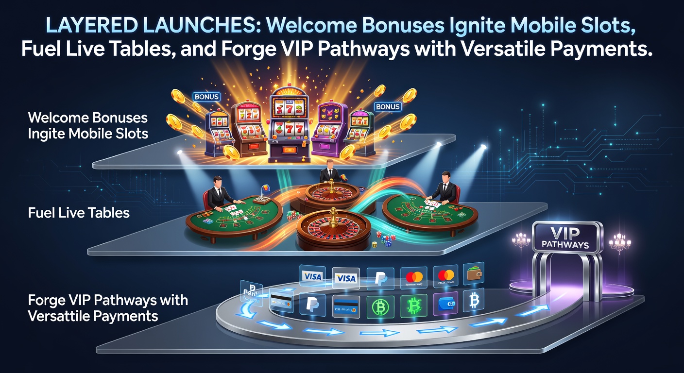 Vibrant digital graphic depicting cascading bonus layers from mobile slots to live tables and VIP lounges, intertwined with payment icons