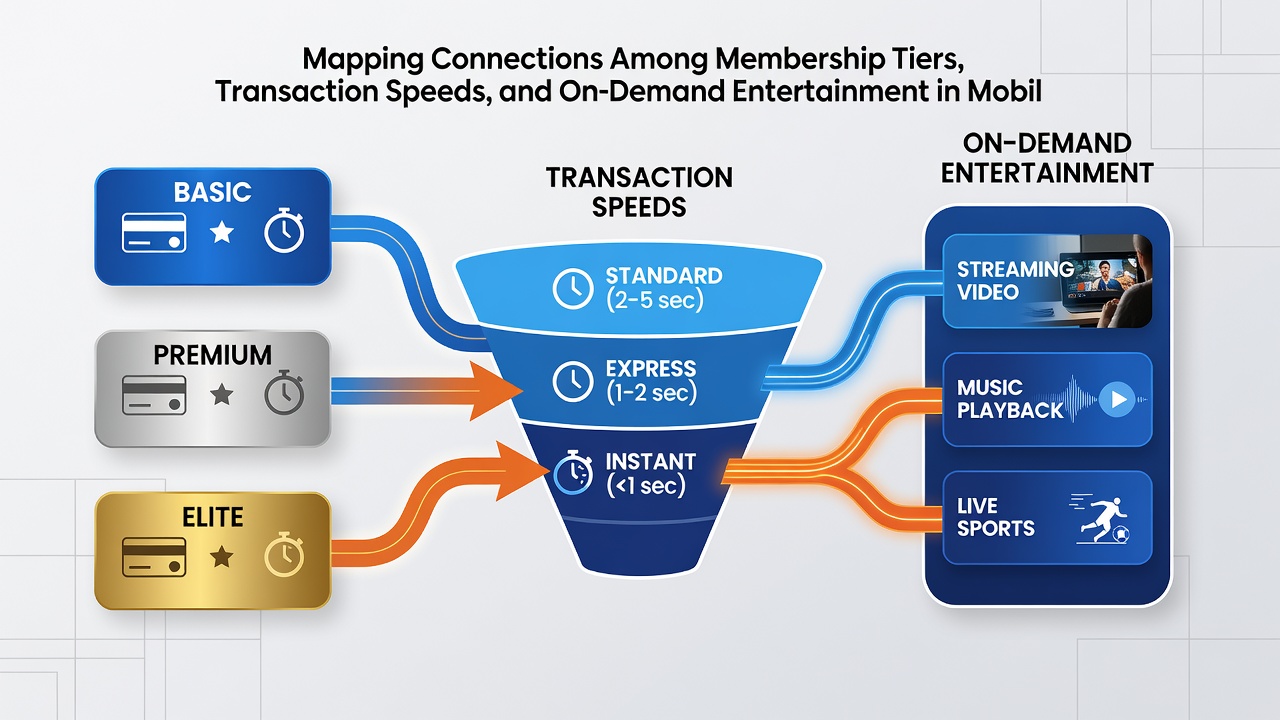 Mobile gaming interface displaying tier benefits alongside rapid transaction confirmations and live entertainment options