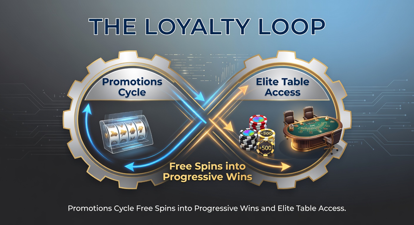 Dynamic graphic depicting a looping cycle of casino promotions, free spins icons, escalating progressive jackpot meters, and keys unlocking elite VIP gaming tables