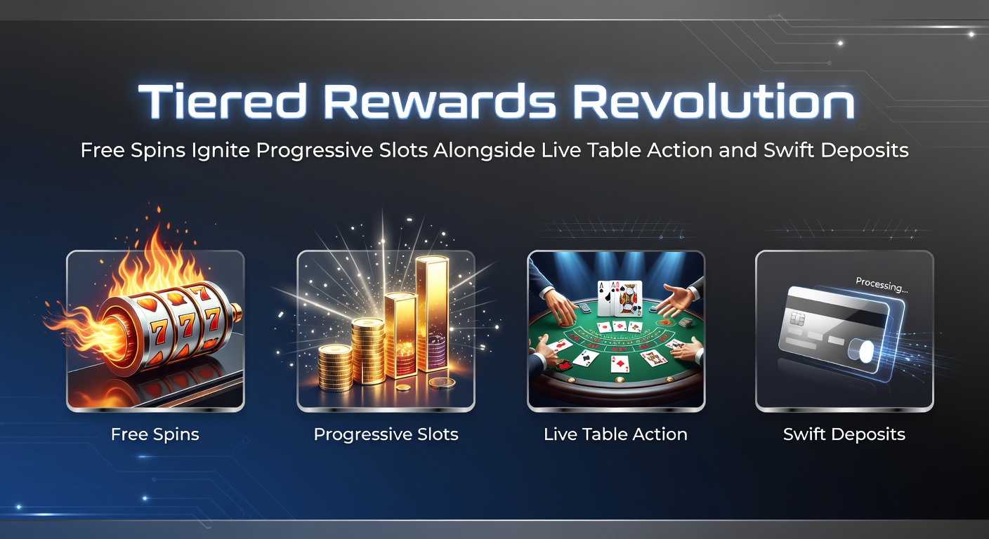 Vibrant display of progressive slot machines with cascading free spins and tiered reward badges glowing on a casino floor