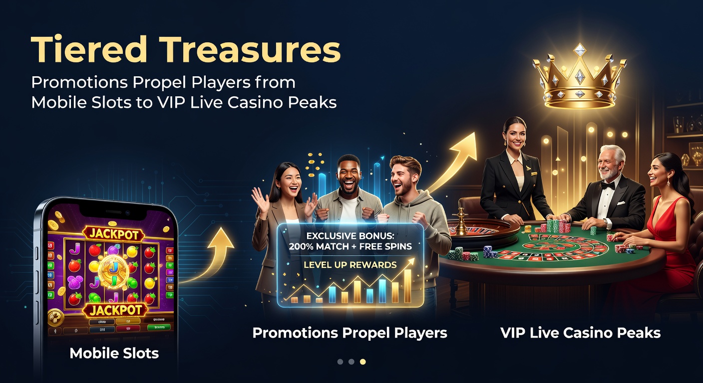Vibrant mobile slot screen transitioning to luxurious live casino table with tiered reward icons glowing in the background