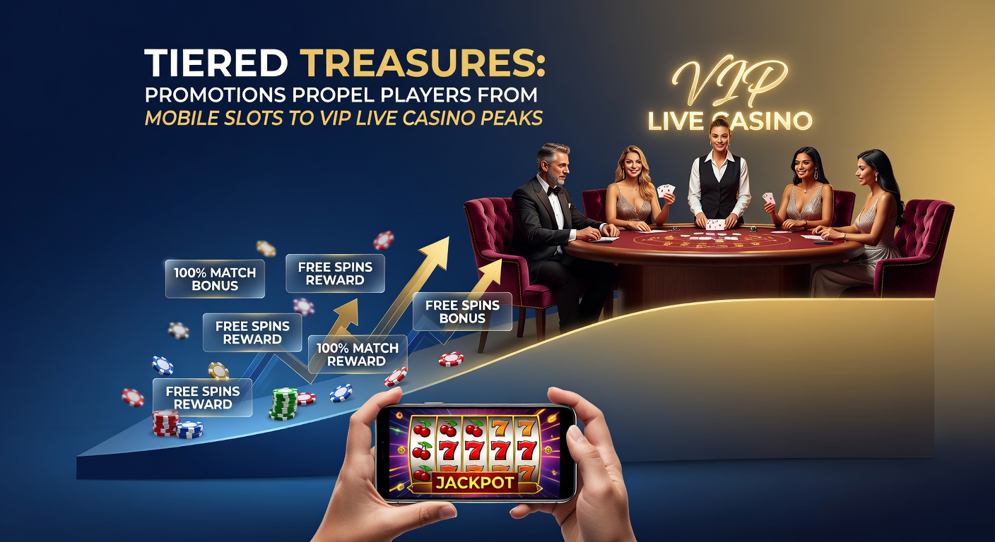 Player's hand on mobile device showing tier progress bar, evolving from colorful slots to elegant live dealer roulette wheel with VIP invitation overlay